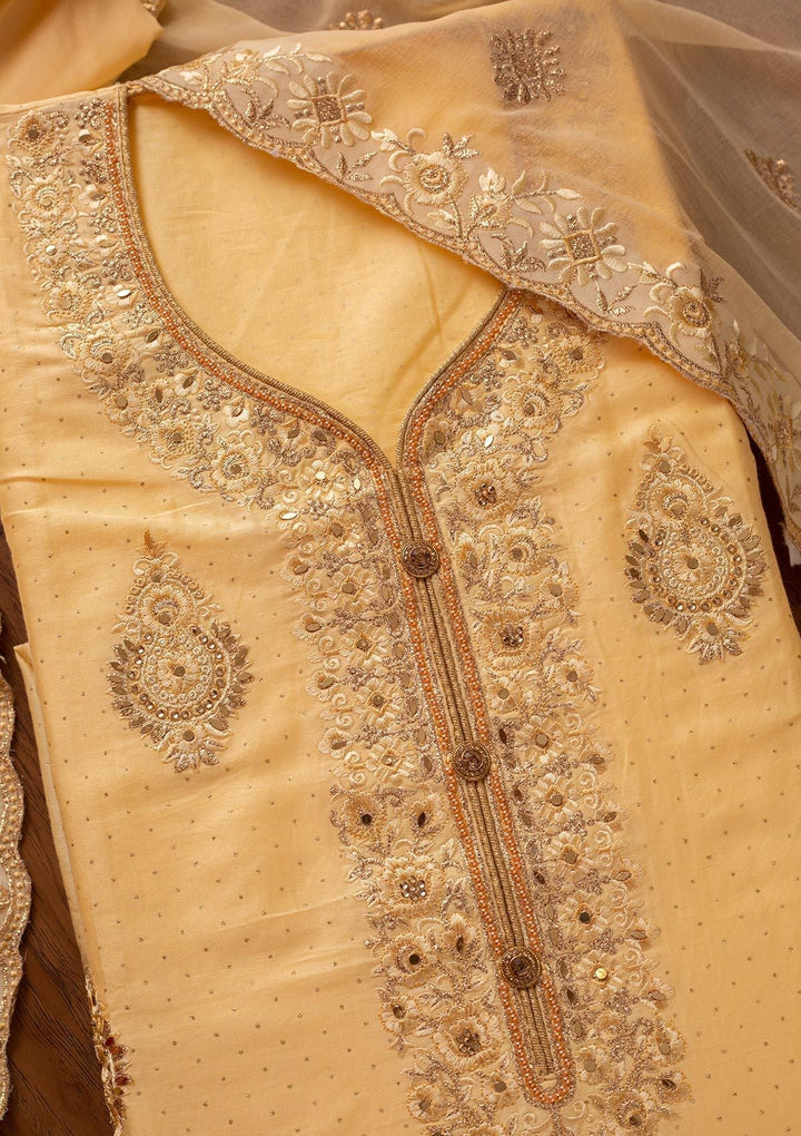 Lemon Yellow Zariwork Semi Crepe Designer Unstitched Salwar Suit - koskii
