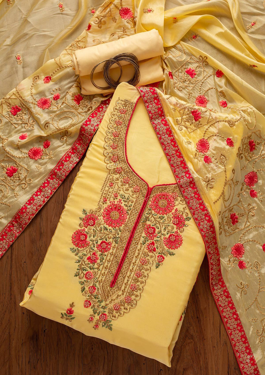 Lemon Yellow Zariwork Semi Crepe Designer Unstitched Salwar Suit - koskii