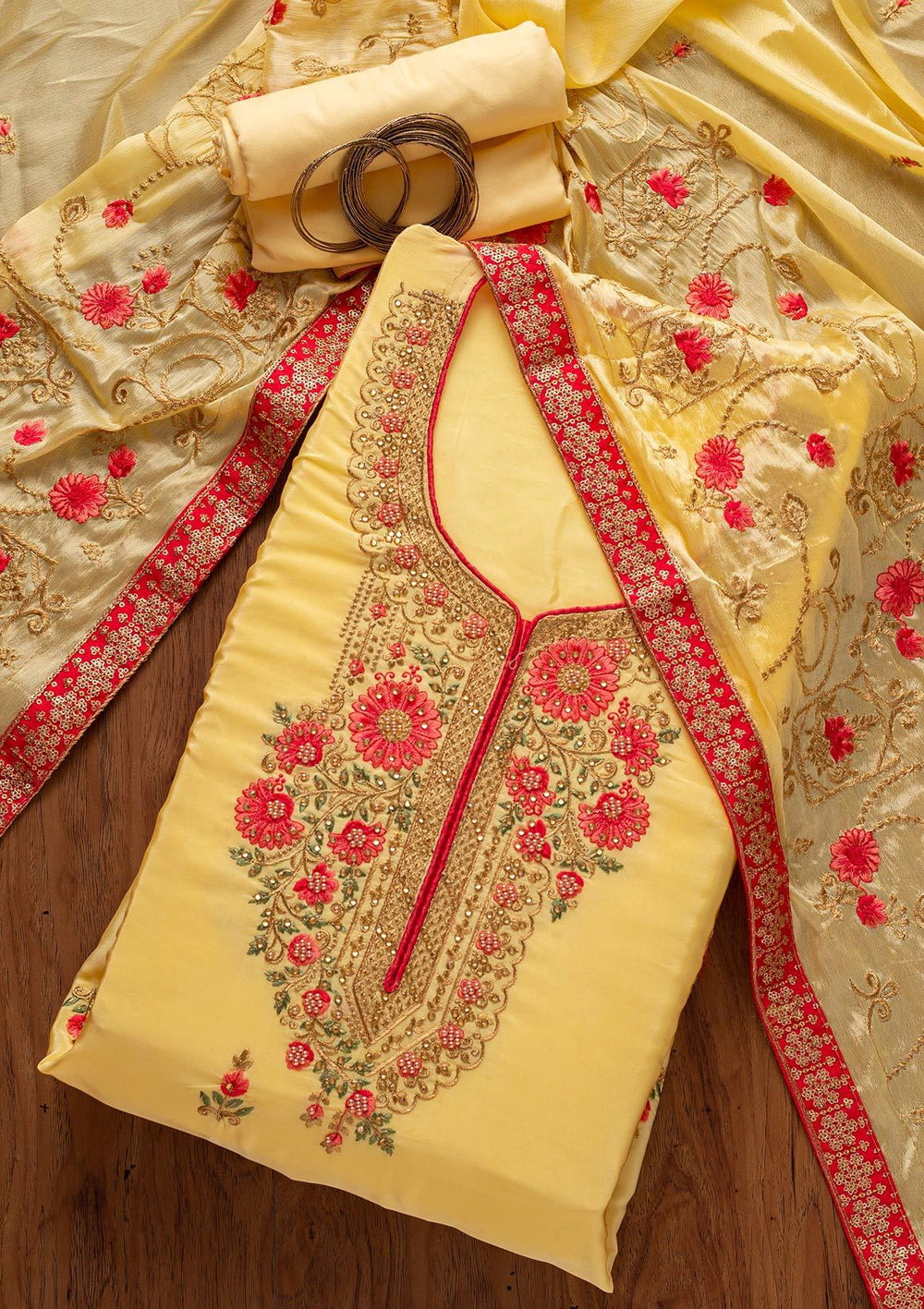 Lemon Yellow Zariwork Semi Crepe Designer Unstitched Salwar Suit - koskii