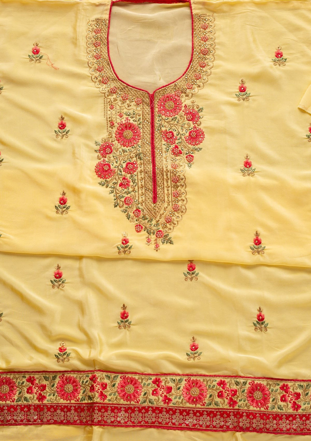 Lemon Yellow Zariwork Semi Crepe Designer Unstitched Salwar Suit - koskii
