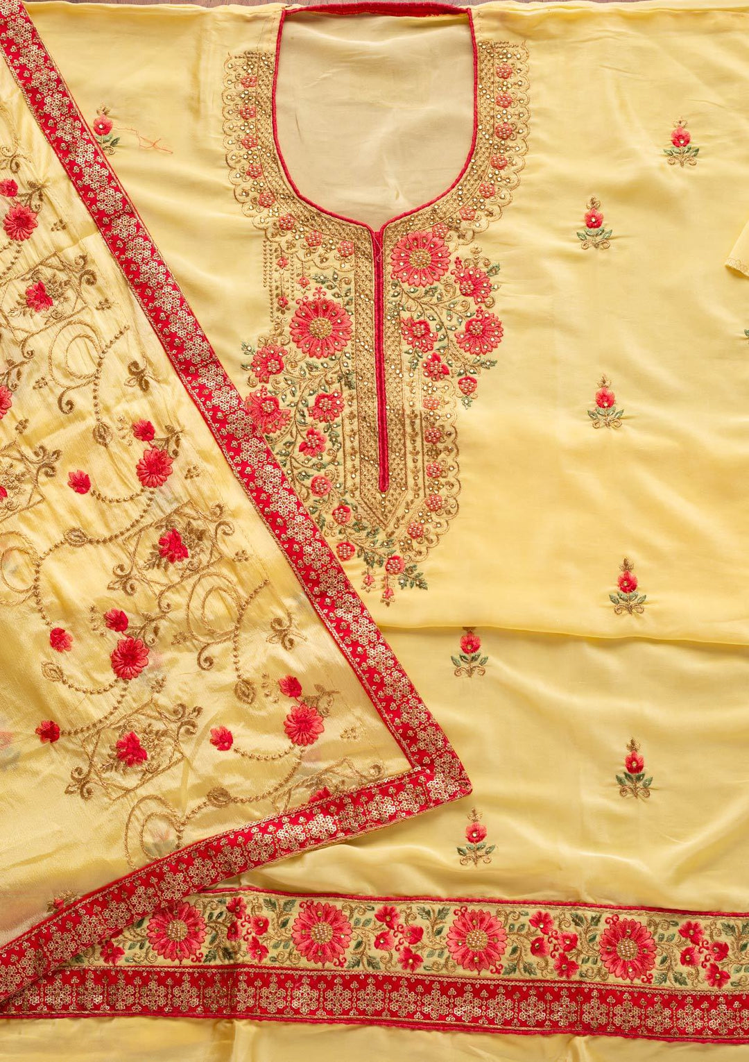Lemon Yellow Zariwork Semi Crepe Designer Unstitched Salwar Suit - koskii
