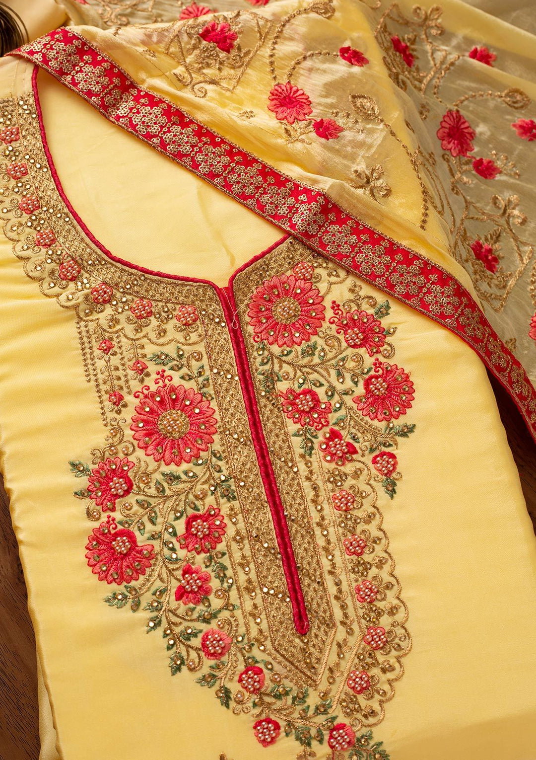 Lemon Yellow Zariwork Semi Crepe Designer Unstitched Salwar Suit - koskii