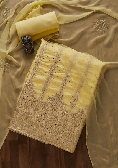 Lemon Yellow Zariwork Semi Crepe Designer Unstitched Salwar Suit - Koskii