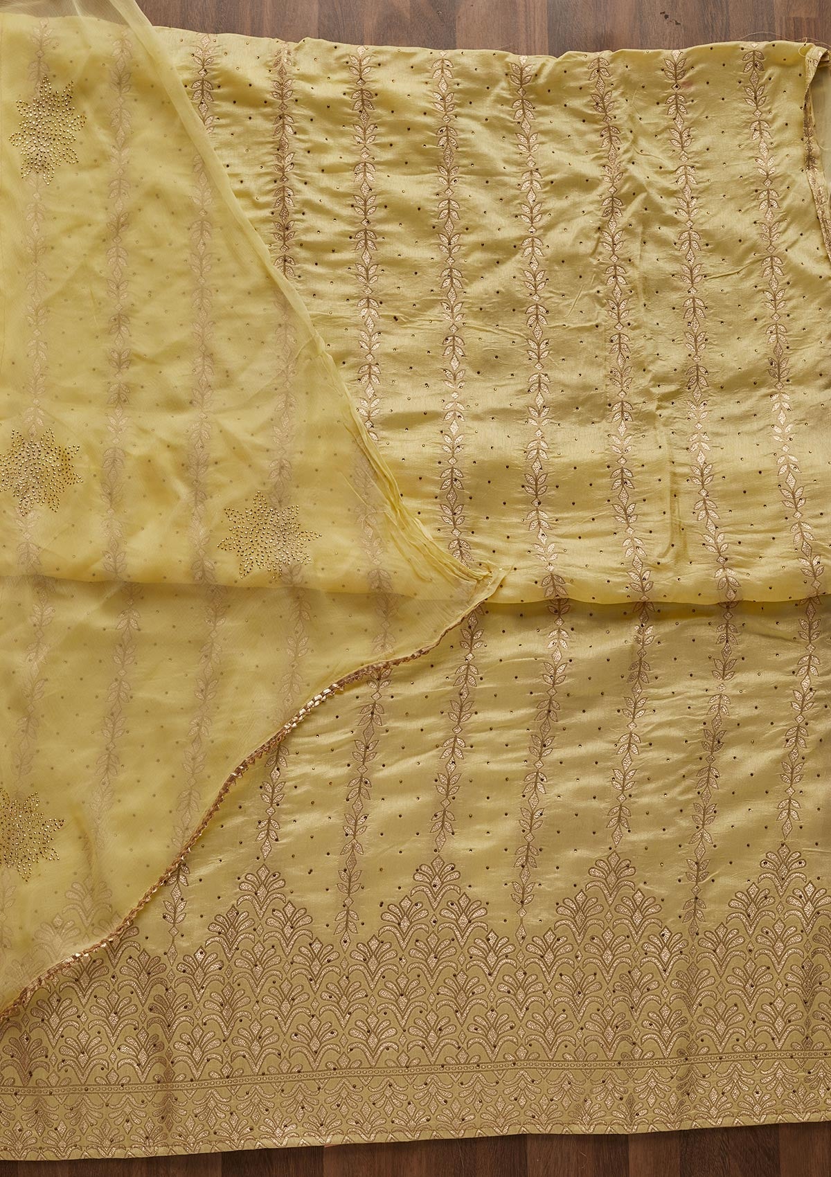 Lemon Yellow Zariwork Semi Crepe Designer Unstitched Salwar Suit - Koskii