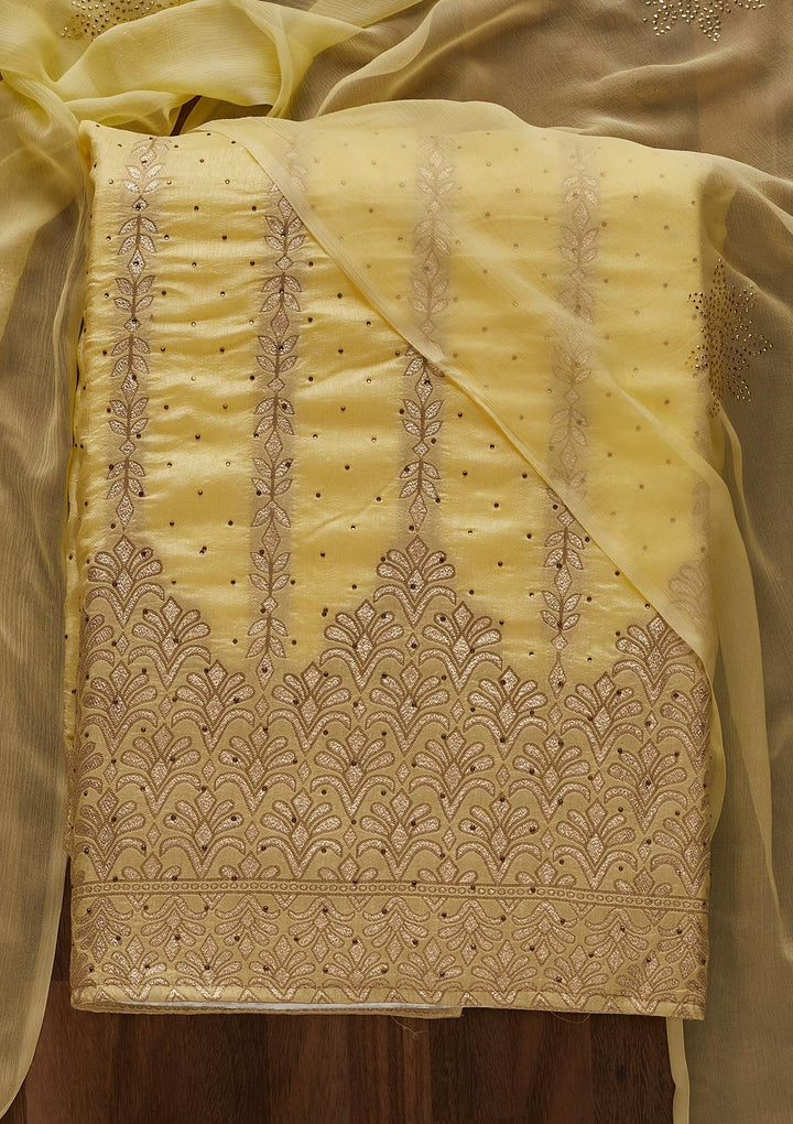 Lemon Yellow Zariwork Semi Crepe Designer Unstitched Salwar Suit - Koskii