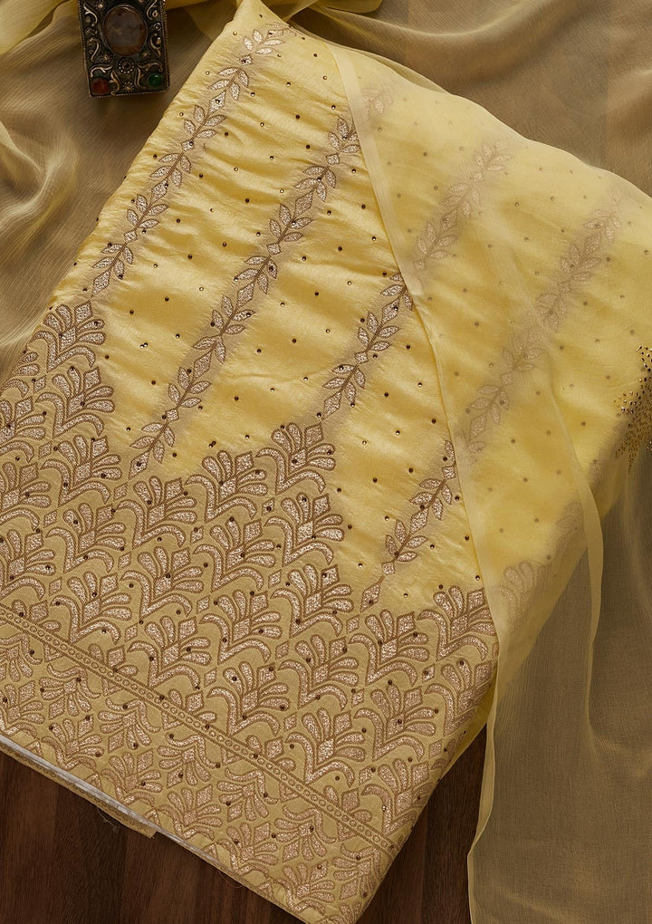 Lemon Yellow Zariwork Semi Crepe Designer Unstitched Salwar Suit - Koskii