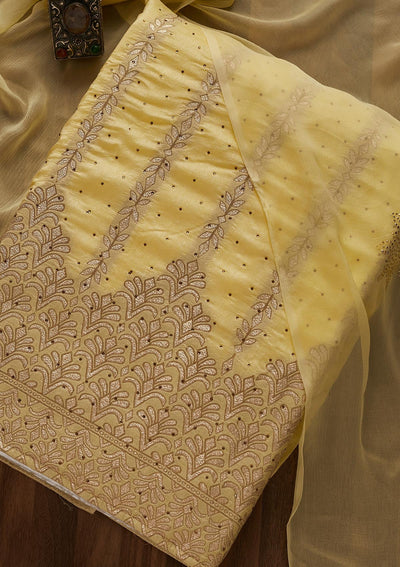 Lemon Yellow Zariwork Semi Crepe Designer Unstitched Salwar Suit - Koskii