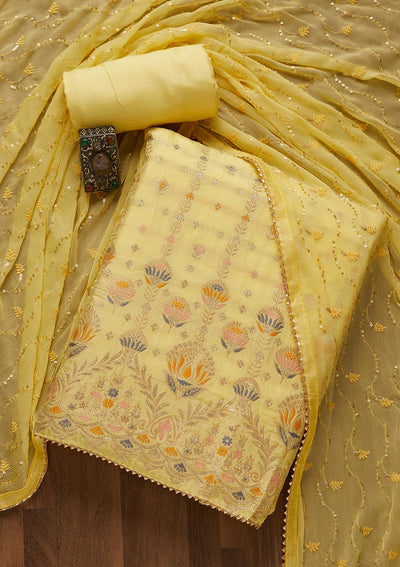 Lemon Yellow Zariwork Semi Crepe Unstitched Salwar Suit-Koskii