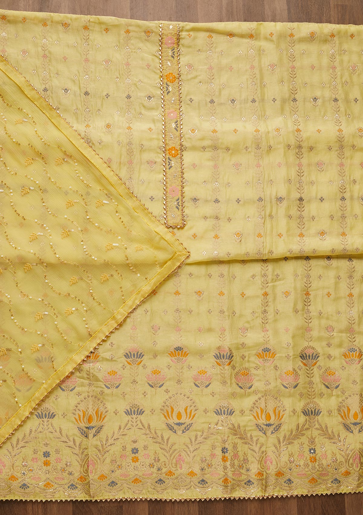 Lemon Yellow Zariwork Semi Crepe Unstitched Salwar Suit-Koskii