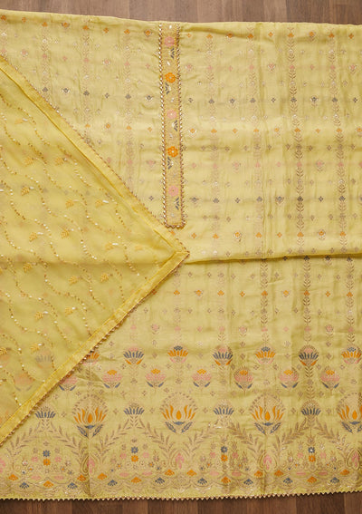 Lemon Yellow Zariwork Semi Crepe Unstitched Salwar Suit-Koskii