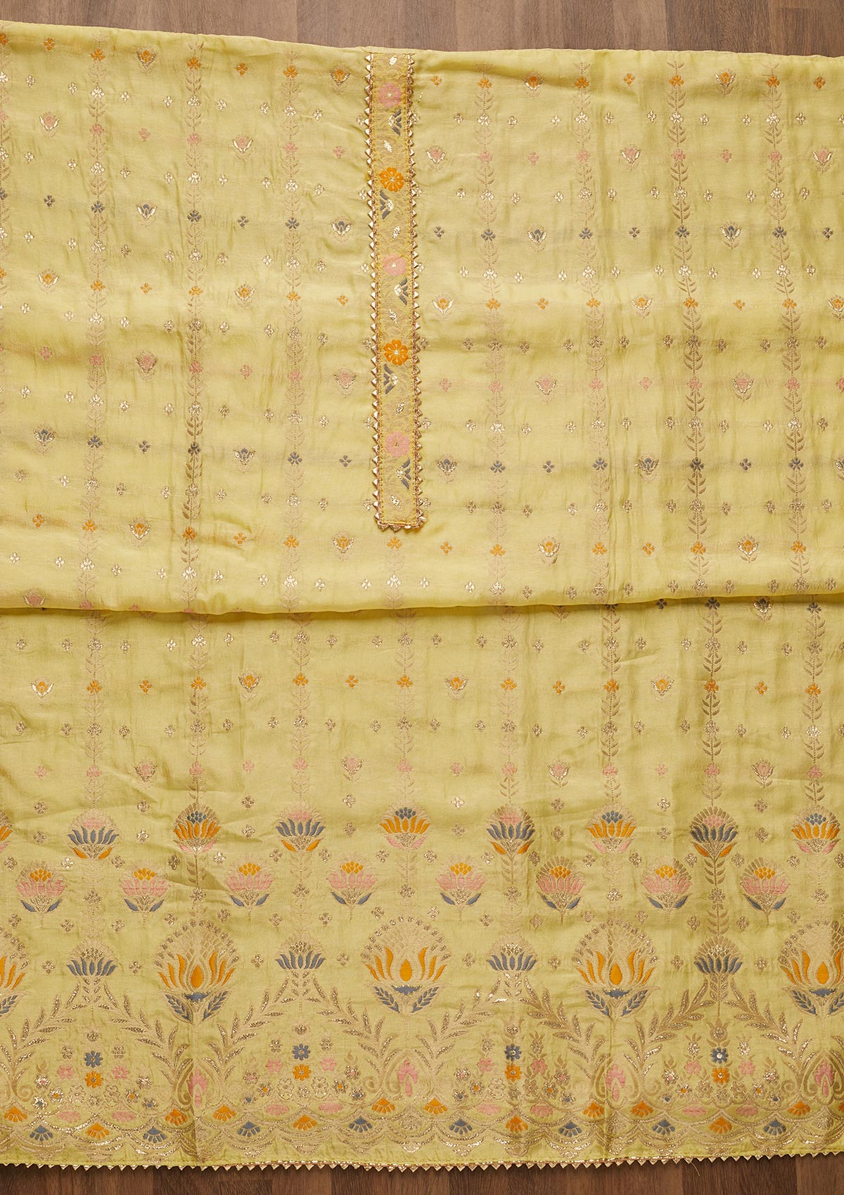 Lemon Yellow Zariwork Semi Crepe Unstitched Salwar Suit-Koskii