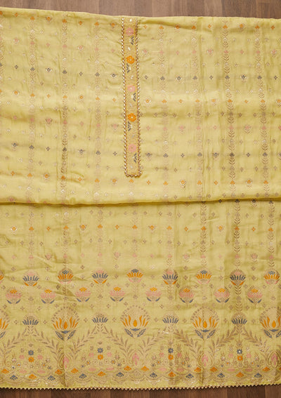 Lemon Yellow Zariwork Semi Crepe Unstitched Salwar Suit-Koskii