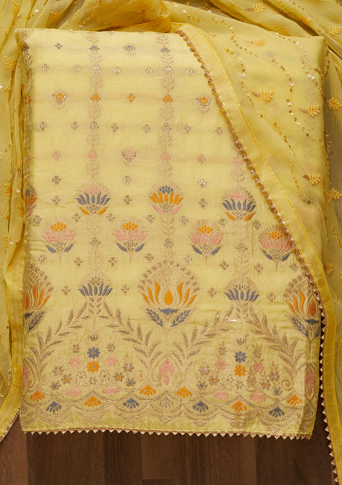 Lemon Yellow Zariwork Semi Crepe Unstitched Salwar Suit-Koskii