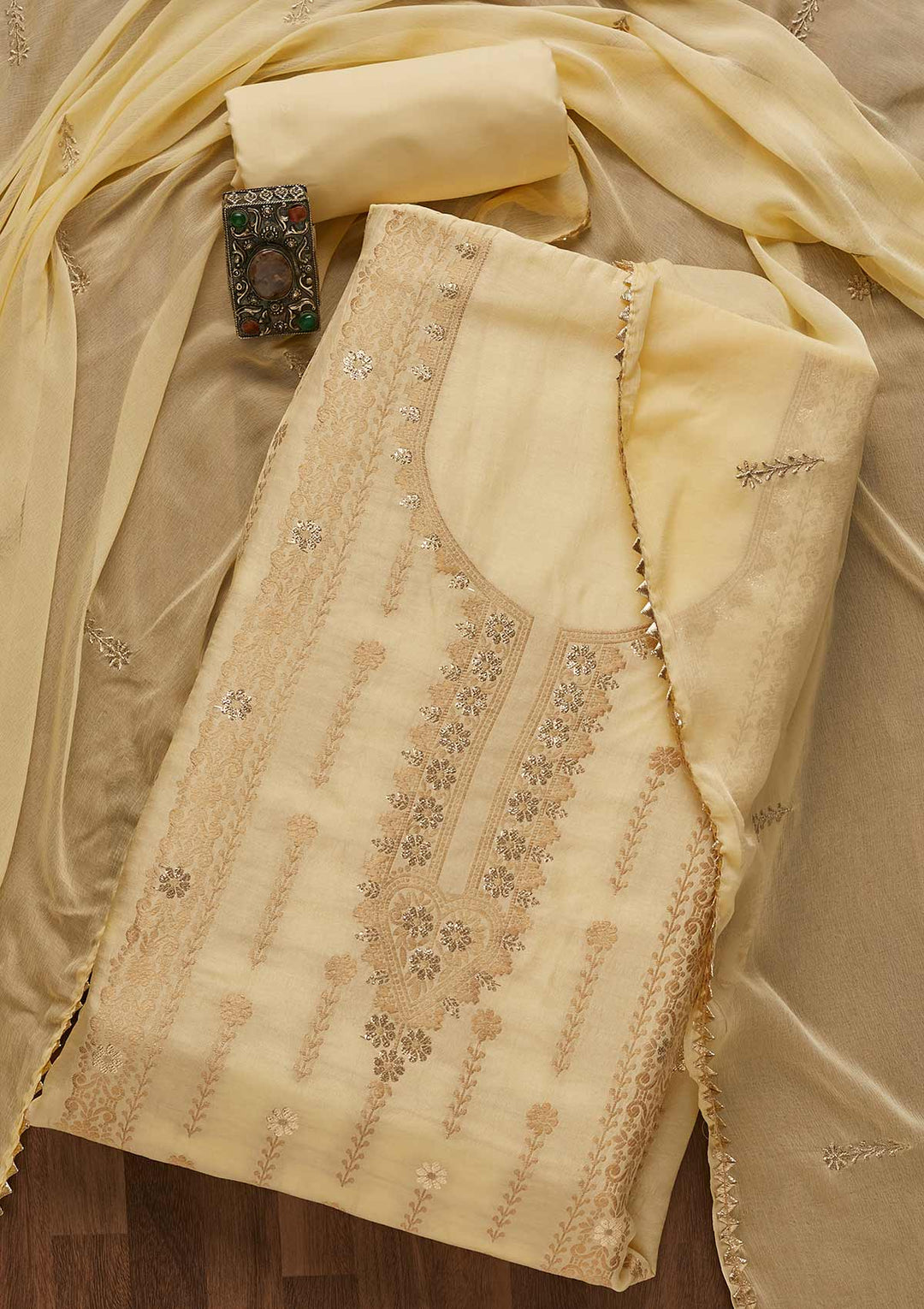 Lemon Yellow Zariwork Semi Crepe Unstitched Salwar Suit-Koskii