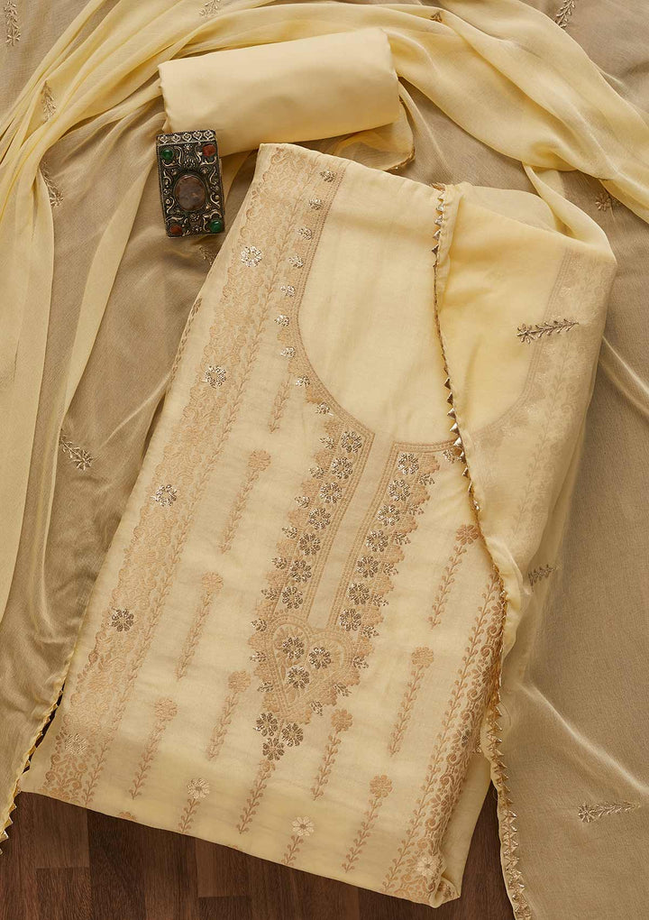 Lemon Yellow Zariwork Semi Crepe Unstitched Salwar Suit-Koskii