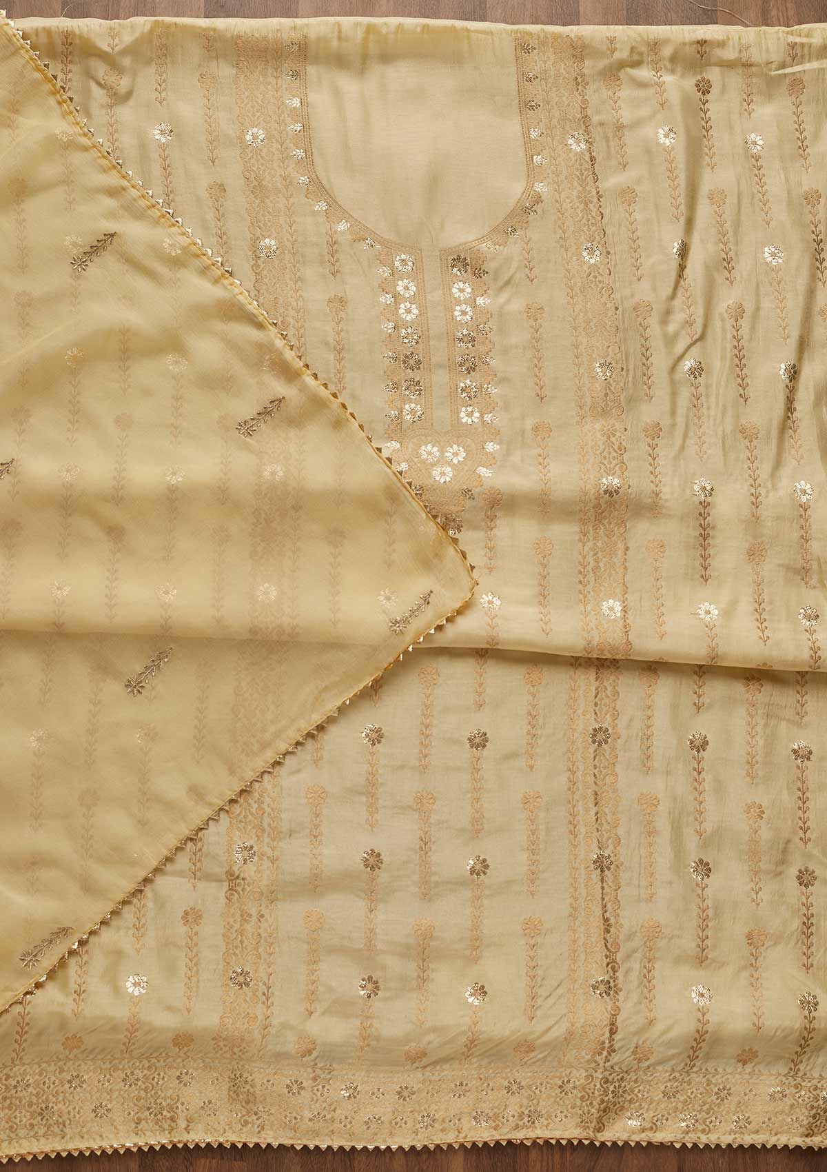 Lemon Yellow Zariwork Semi Crepe Unstitched Salwar Suit-Koskii