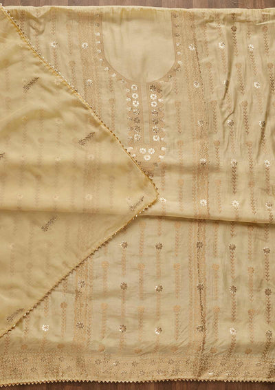 Lemon Yellow Zariwork Semi Crepe Unstitched Salwar Suit-Koskii