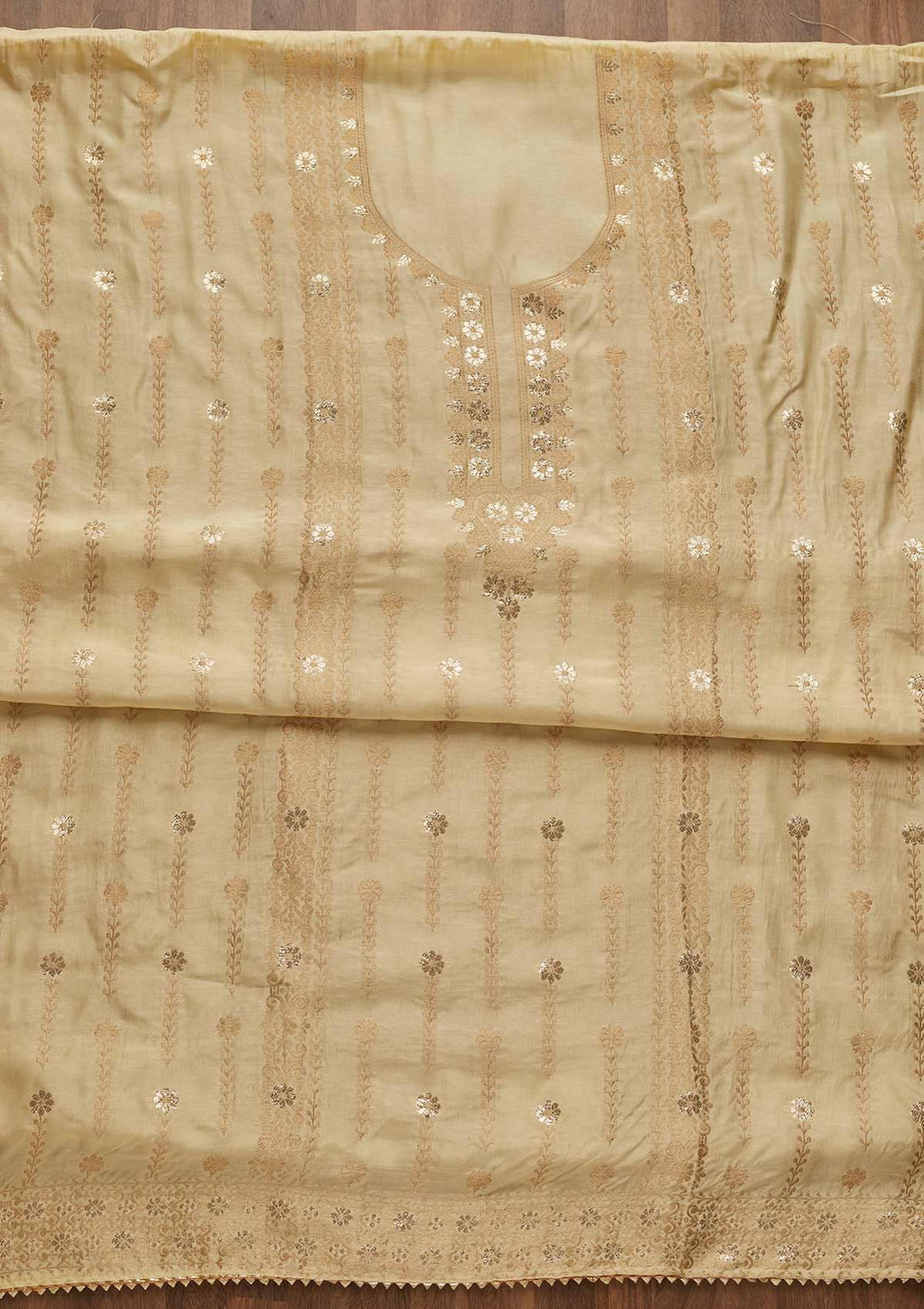 Lemon Yellow Zariwork Semi Crepe Unstitched Salwar Suit-Koskii