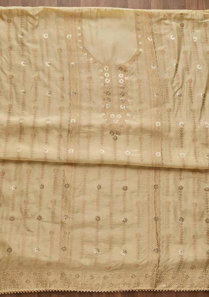 Lemon Yellow Zariwork Semi Crepe Unstitched Salwar Suit-Koskii