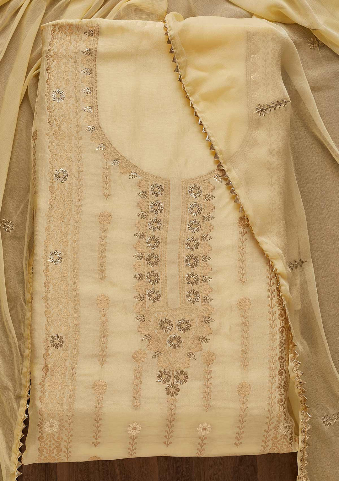 Lemon Yellow Zariwork Semi Crepe Unstitched Salwar Suit-Koskii