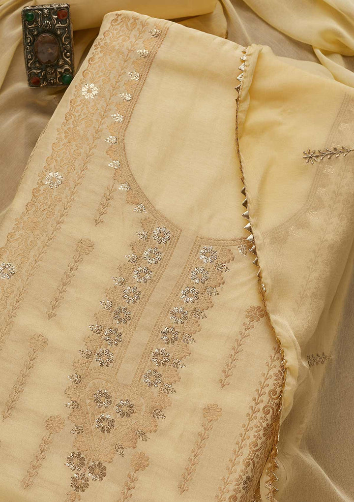 Lemon Yellow Zariwork Semi Crepe Unstitched Salwar Suit-Koskii