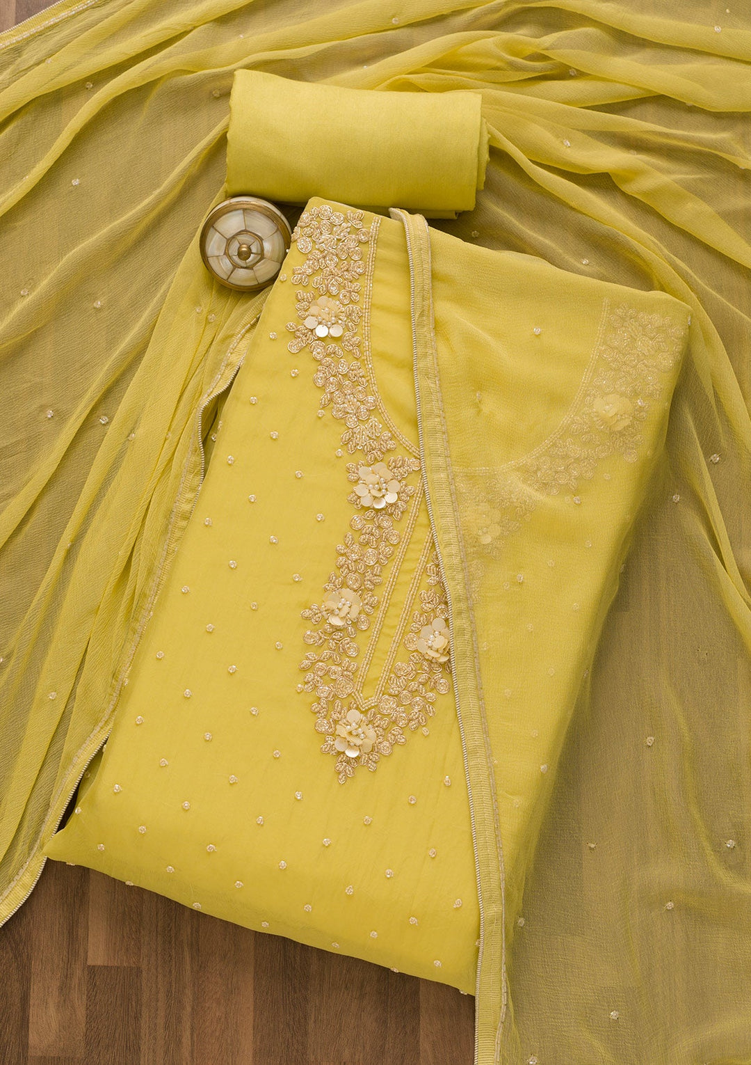 Lemon Yellow Cutdana Organza Unstitched Salwar Kameez-Koskii