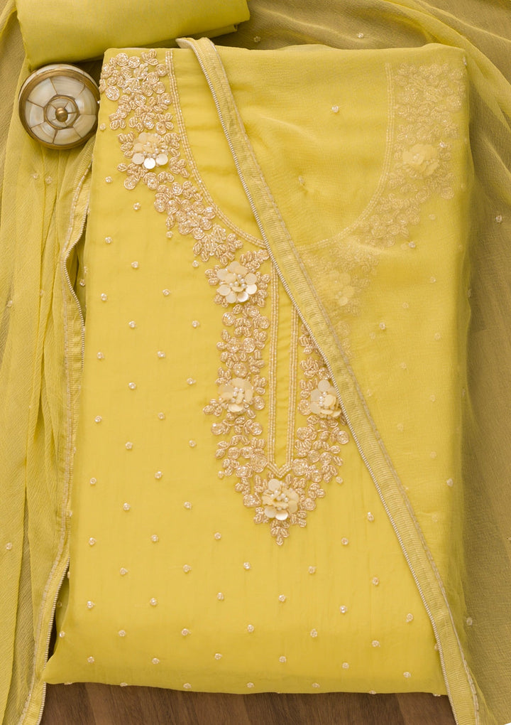 Lemon Yellow Cutdana Organza Unstitched Salwar Kameez-Koskii