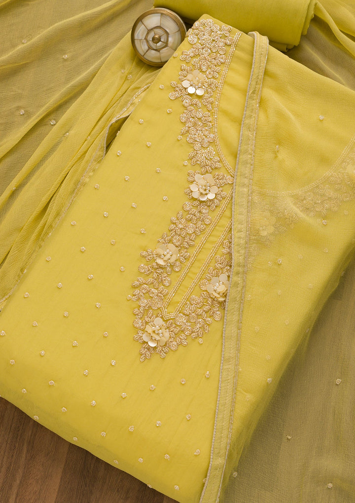 Lemon Yellow Cutdana Organza Unstitched Salwar Kameez-Koskii