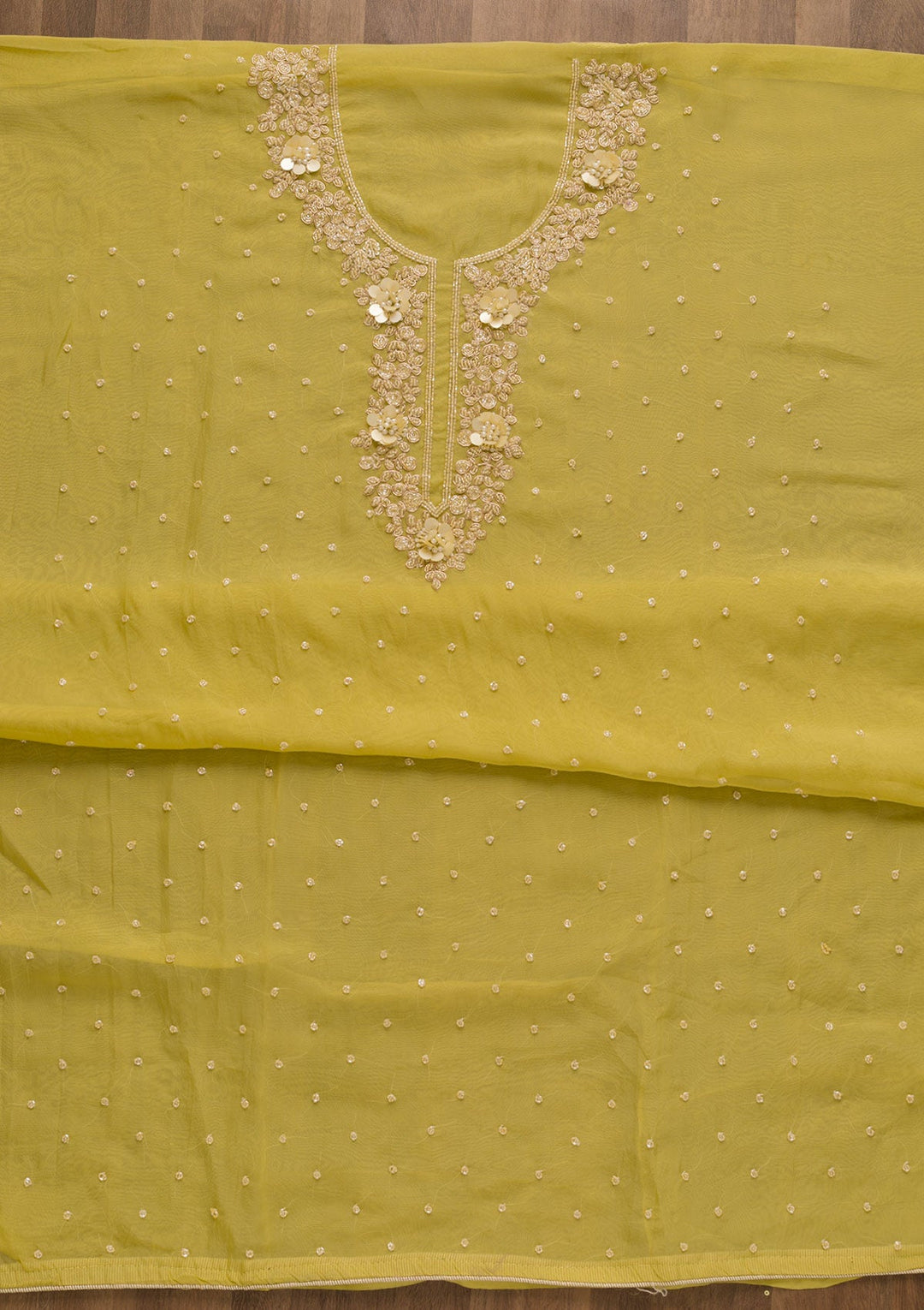 Lemon Yellow Cutdana Organza Unstitched Salwar Kameez-Koskii