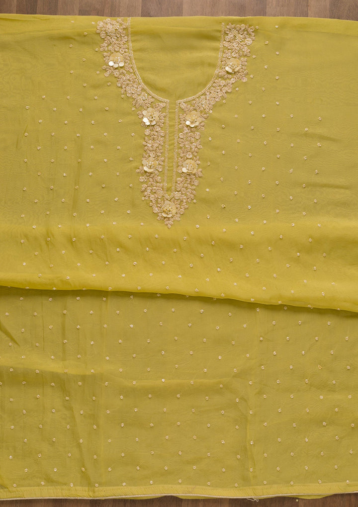 Lemon Yellow Cutdana Organza Unstitched Salwar Kameez-Koskii
