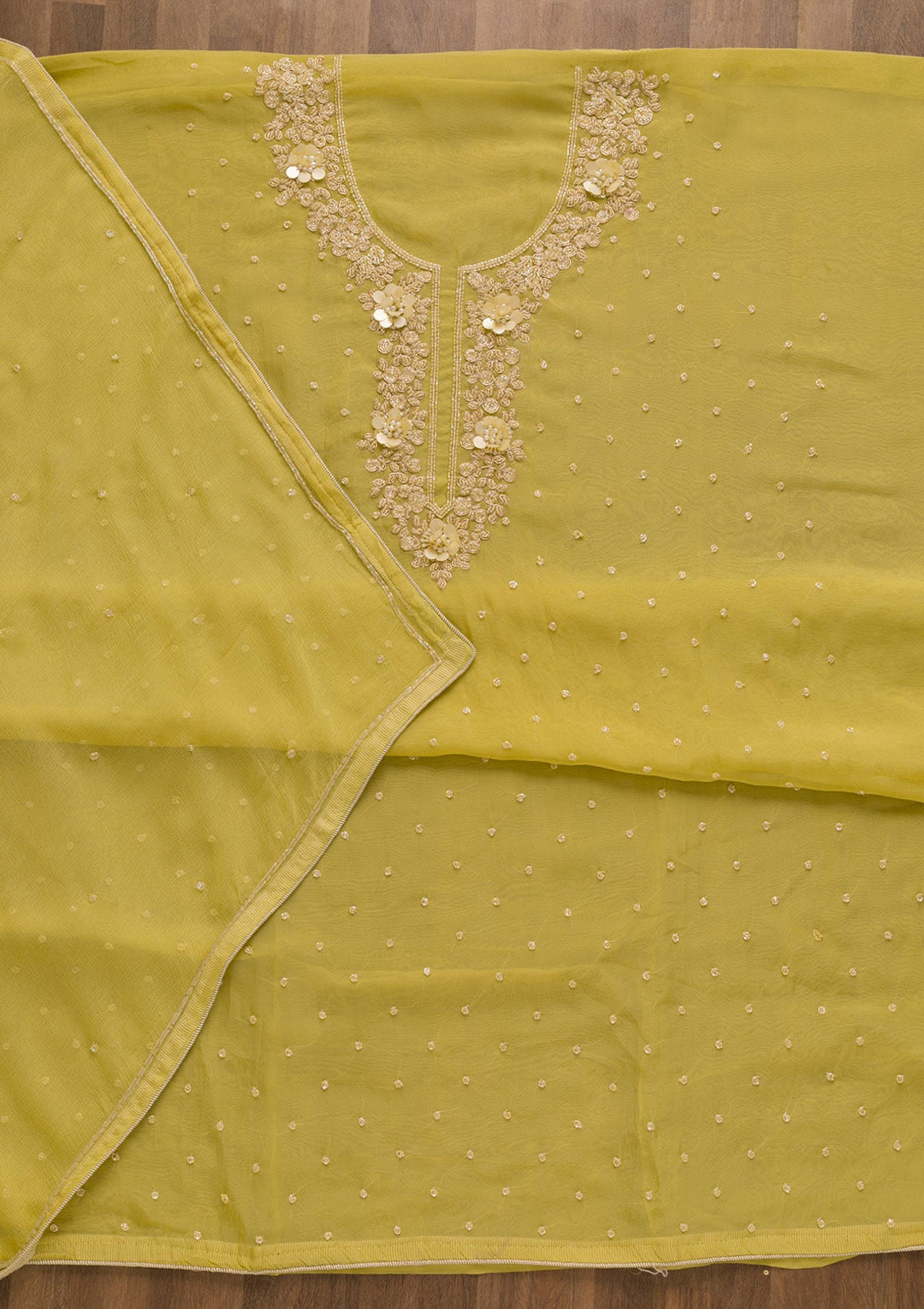 Lemon Yellow Cutdana Organza Unstitched Salwar Kameez-Koskii