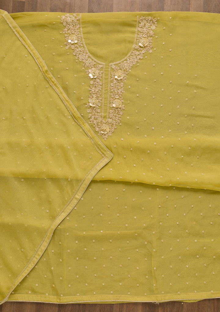 Lemon Yellow Cutdana Organza Unstitched Salwar Kameez-Koskii