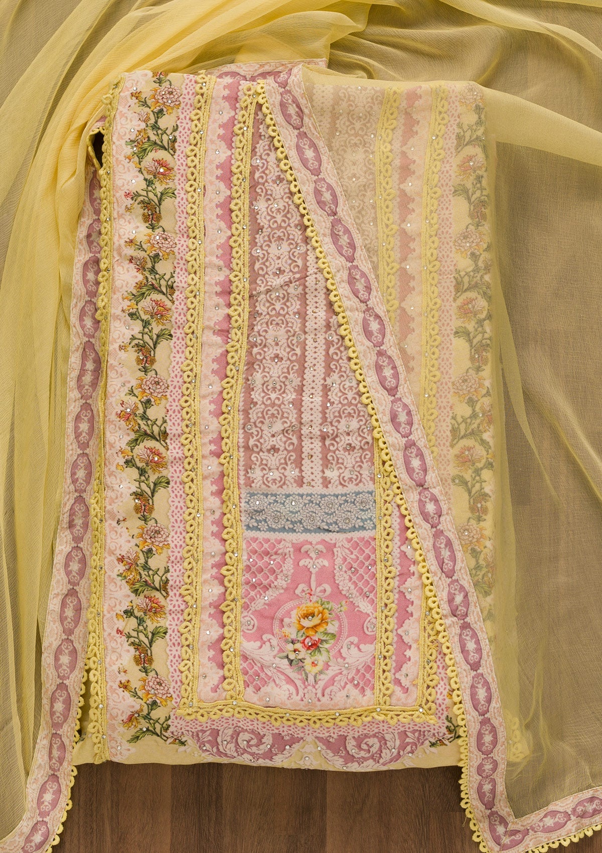 Lemon Yellow Printed Poly Cotton Unstitched Salwar Kameez-Koskii