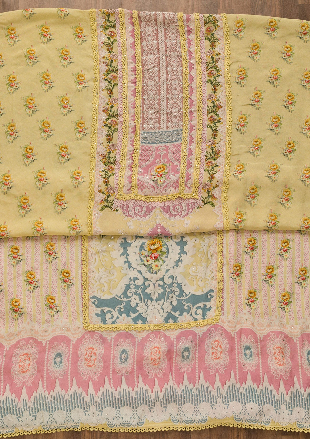 Lemon Yellow Printed Poly Cotton Unstitched Salwar Kameez-Koskii