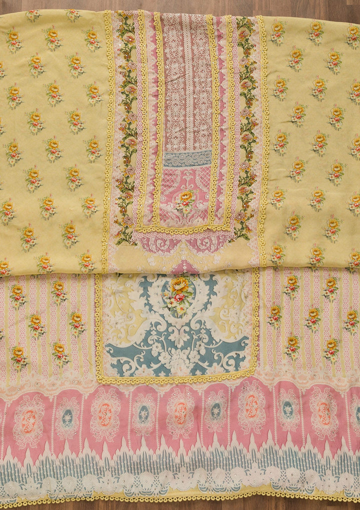 Lemon Yellow Printed Poly Cotton Unstitched Salwar Kameez-Koskii
