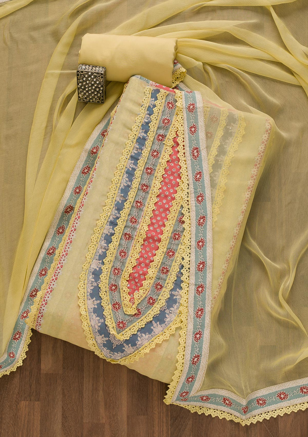 Lemon Yellow Printed Poly Cotton Unstitched Salwar Kameez-Koskii