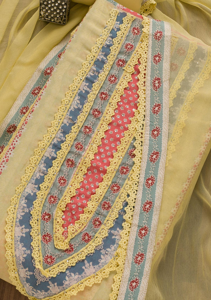 Lemon Yellow Printed Poly Cotton Unstitched Salwar Kameez-Koskii