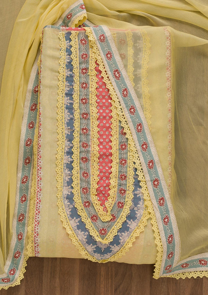 Lemon Yellow Printed Poly Cotton Unstitched Salwar Kameez-Koskii