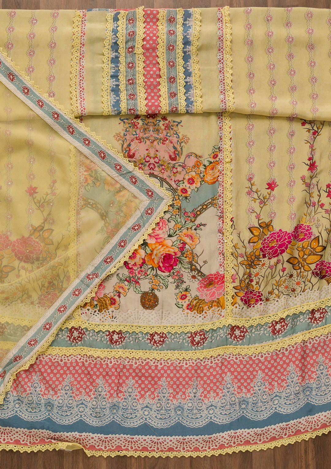 Lemon Yellow Printed Poly Cotton Unstitched Salwar Kameez-Koskii