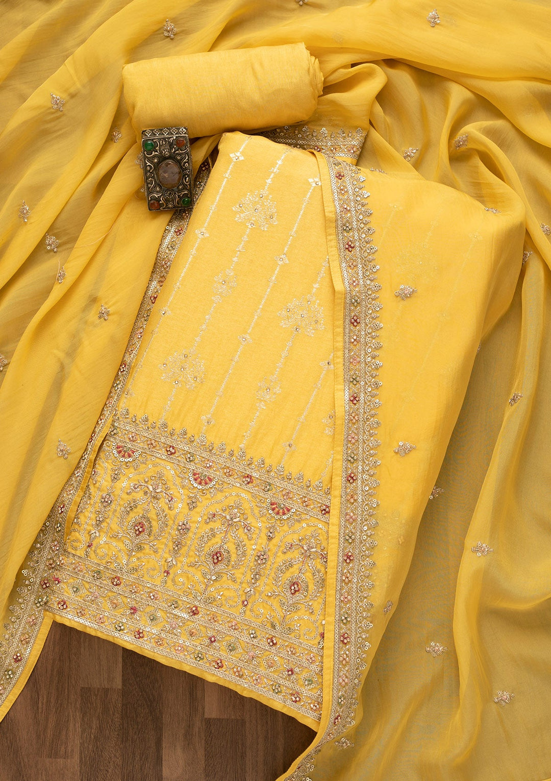 Lemon Yellow Sequins Silk Unstitched Salwar Kameez-Koskii