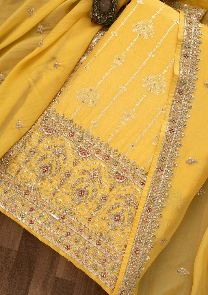 Lemon Yellow Sequins Silk Unstitched Salwar Kameez-Koskii