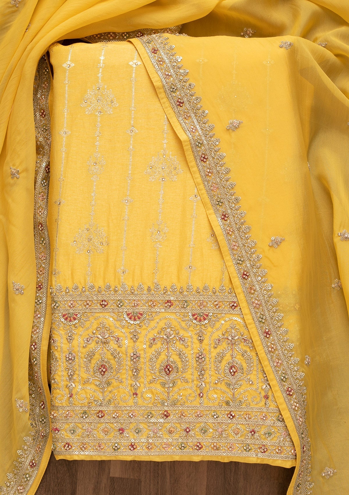 Lemon Yellow Sequins Silk Unstitched Salwar Kameez-Koskii