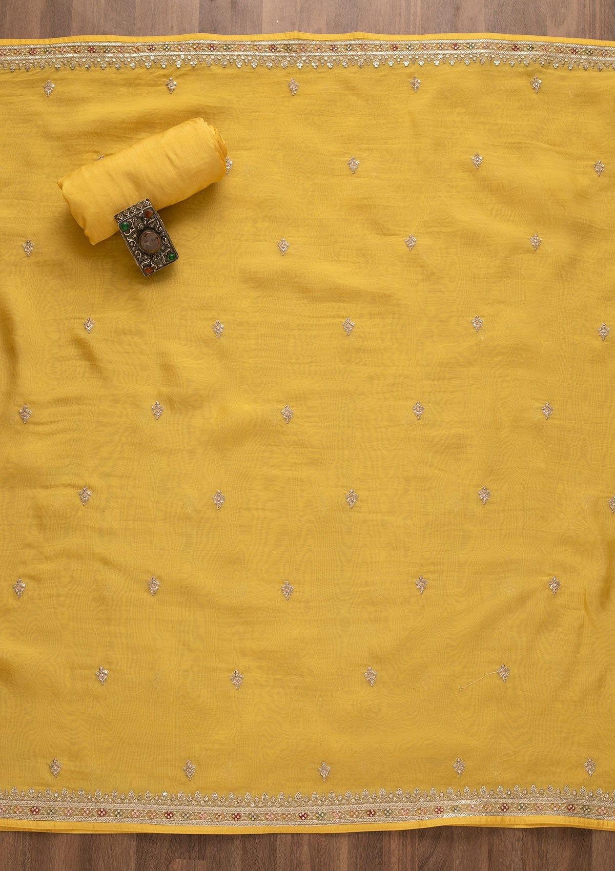 Lemon Yellow Sequins Silk Unstitched Salwar Kameez-Koskii