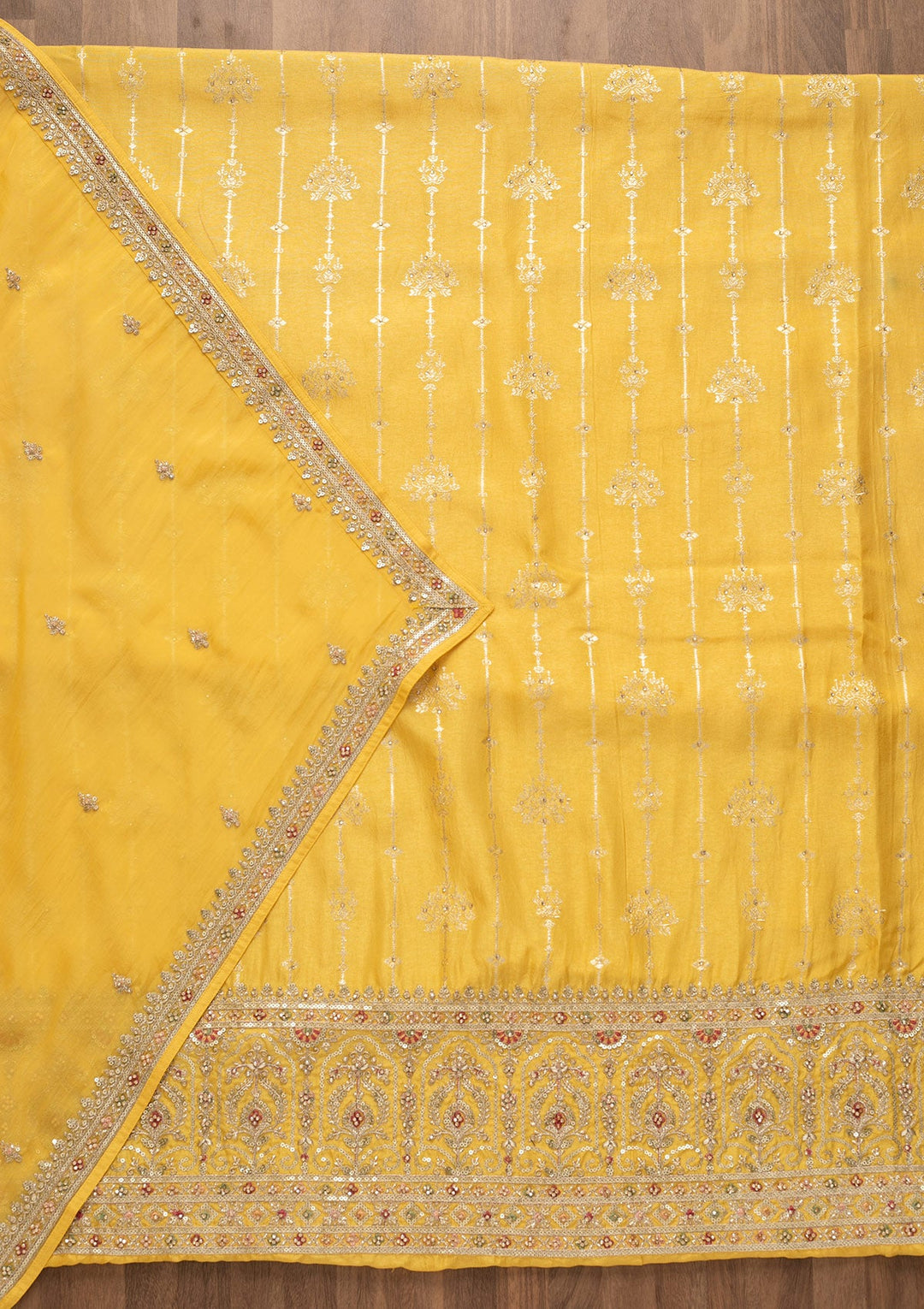 Lemon Yellow Sequins Silk Unstitched Salwar Kameez-Koskii