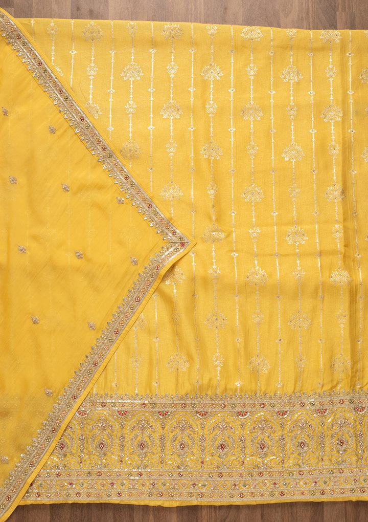 Lemon Yellow Sequins Silk Unstitched Salwar Kameez-Koskii