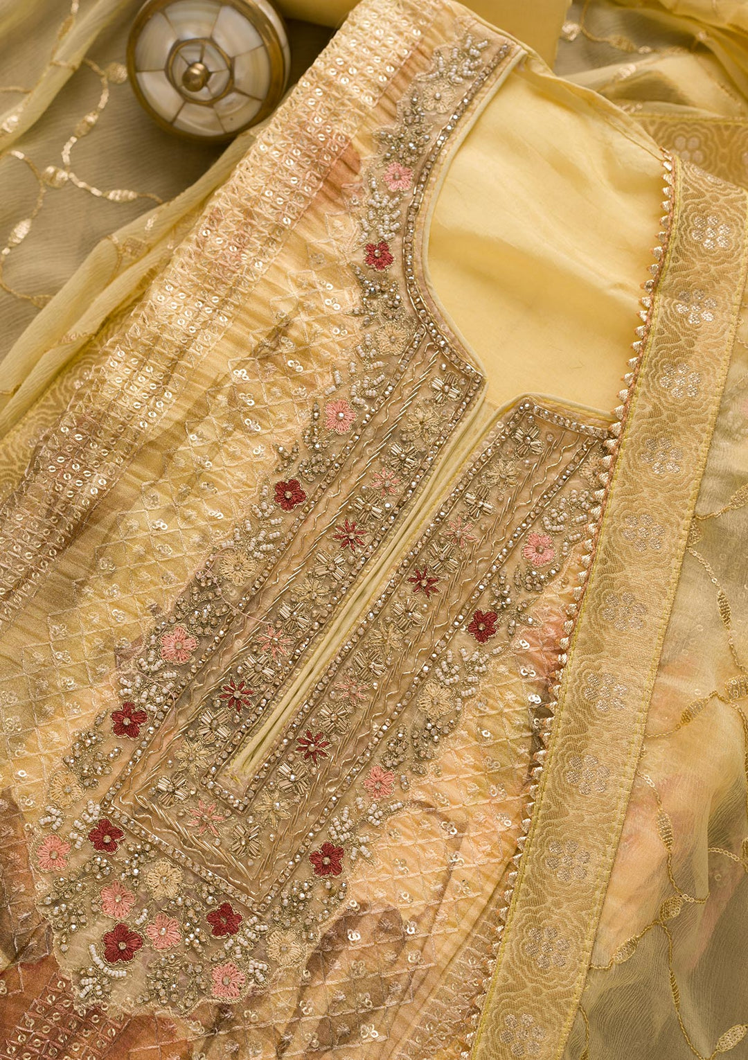 Lemon Yellow Sequins Shantung Unstitched Salwar Suit-Koskii