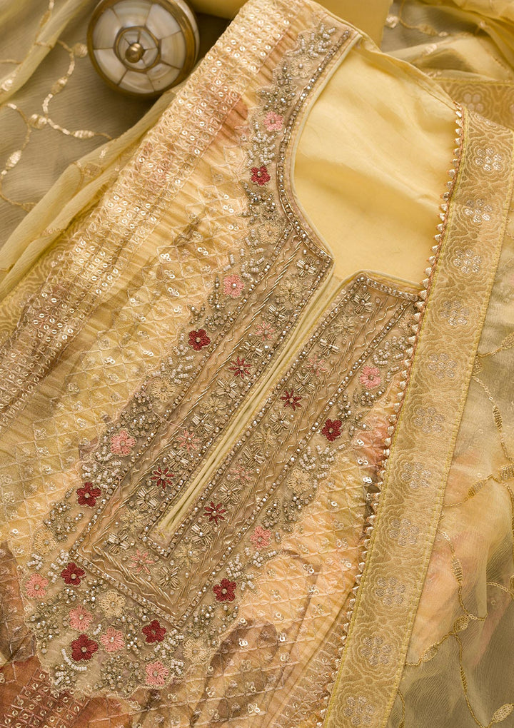 Lemon Yellow Sequins Shantung Unstitched Salwar Suit-Koskii