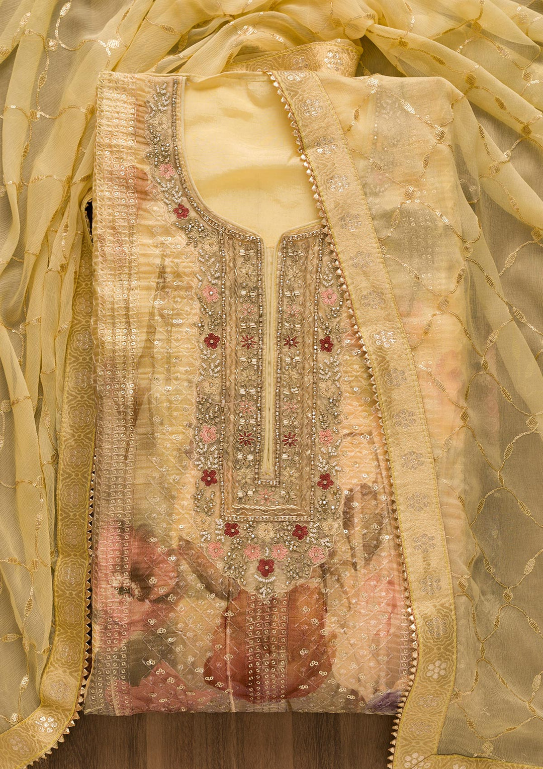 Lemon Yellow Sequins Shantung Unstitched Salwar Suit-Koskii