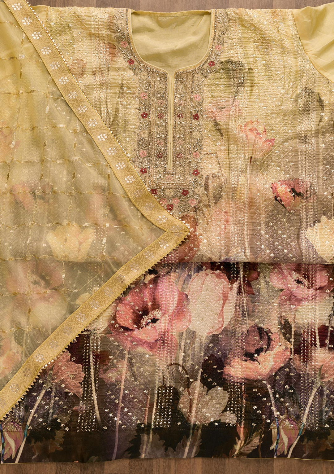 Lemon Yellow Sequins Shantung Unstitched Salwar Suit-Koskii