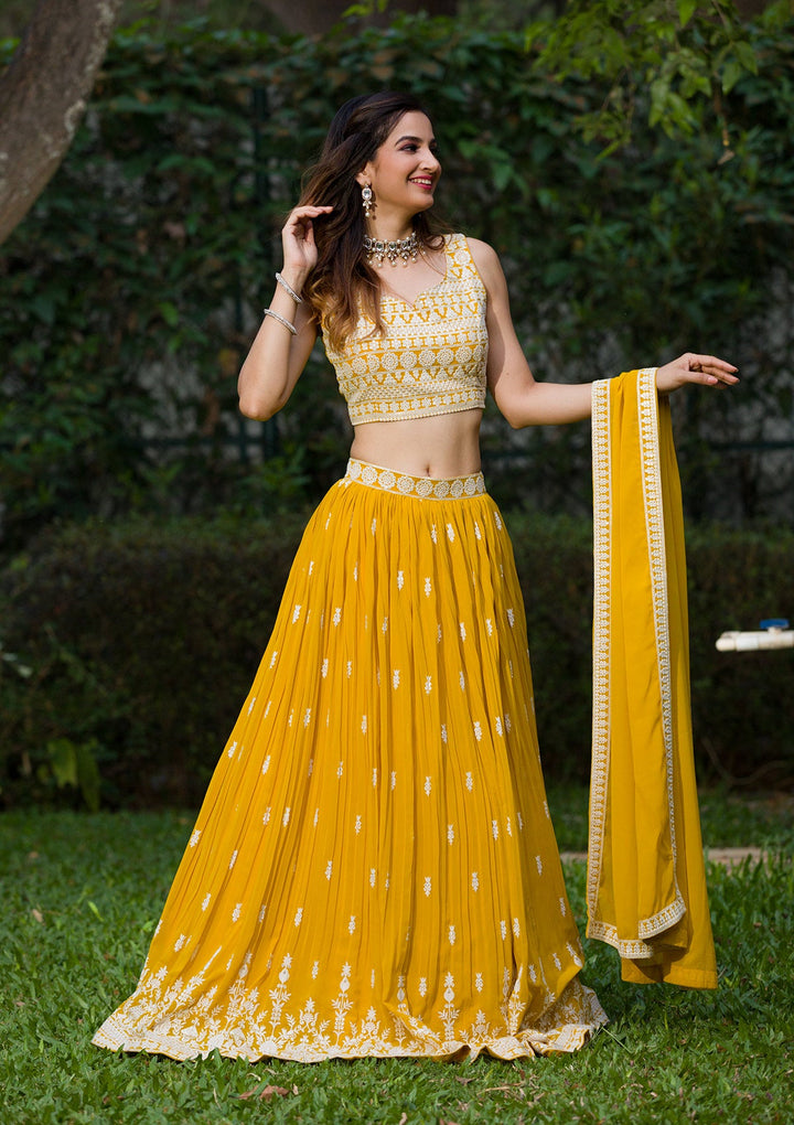 Lemon Yellow Threadwork Georgette Readymade Lehenga Set-Koskii